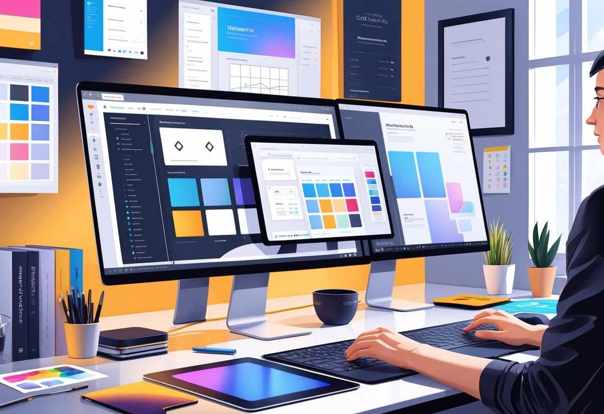 7 Web Designer Resume Examples & Guide for 2025: Expert Tips for Landing Your Next Role 4 A designer working at a desk with multiple screens showing web design software interfaces and various design tools around.