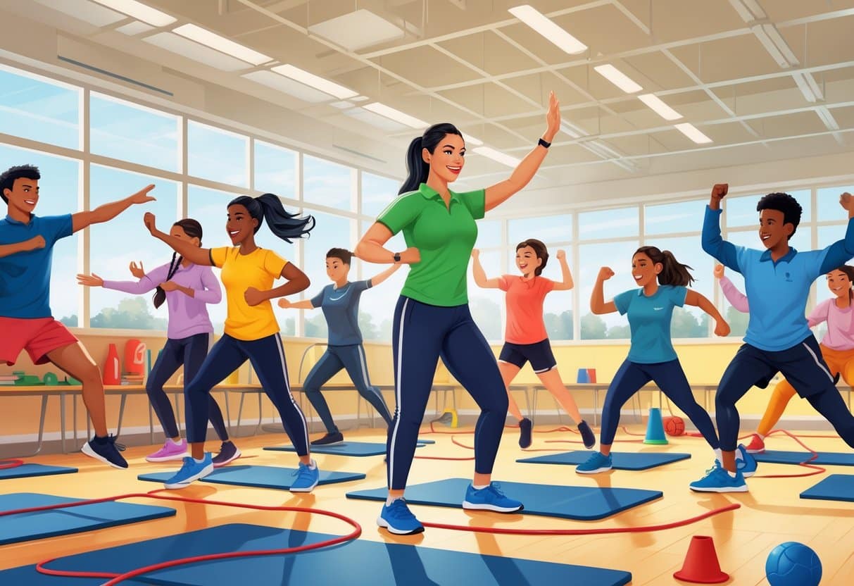 12 Physical Education Teacher Resume Examples & Guide for 2025: Templates and Tips for Landing Your Next Job 3 A physical education teacher leading a group of diverse students in various exercises inside a bright gym with sports equipment.
