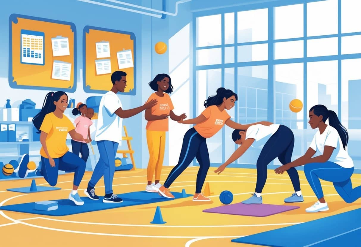 12 Physical Education Teacher Resume Examples & Guide for 2025: Templates and Tips for Landing Your Next Job 4 A group of young adults volunteering and interning in a gym, coaching children, organizing equipment, and leading stretching exercises.