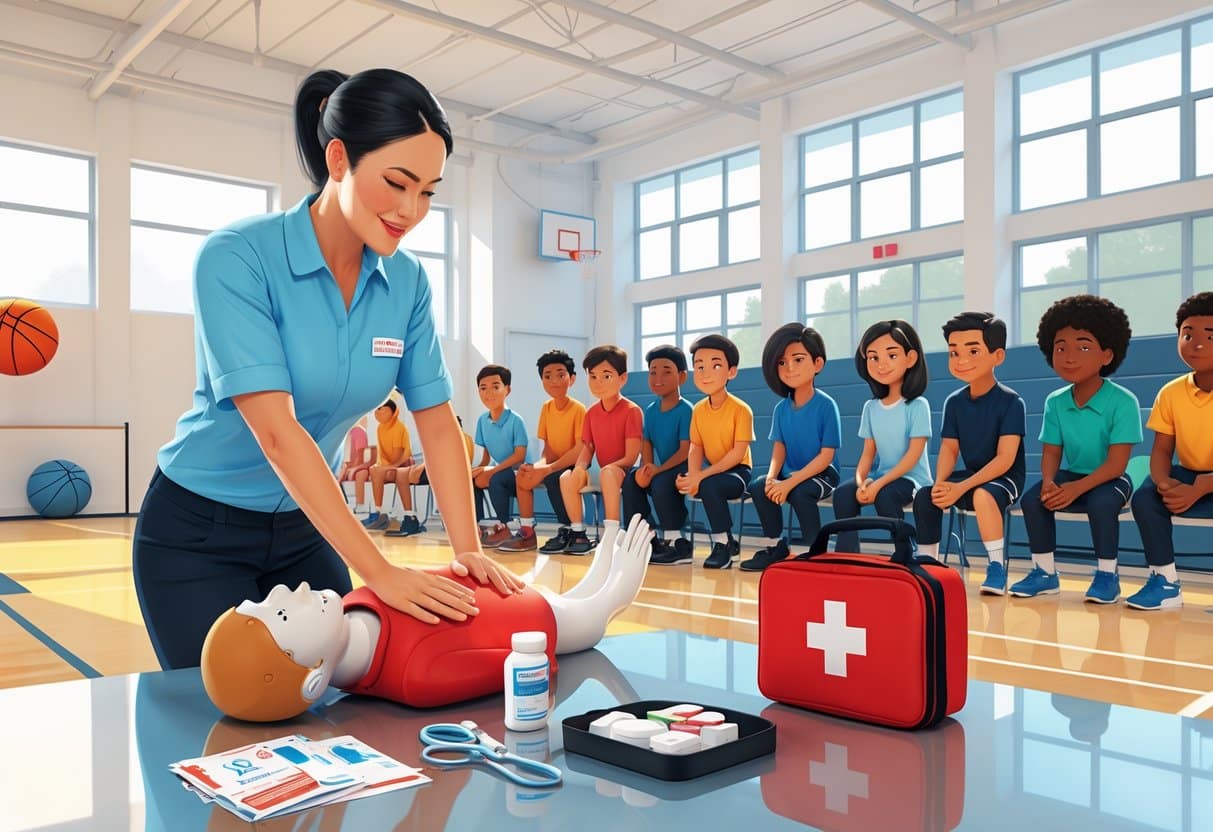 12 Physical Education Teacher Resume Examples & Guide for 2025: Templates and Tips for Landing Your Next Job 5 A physical education teacher demonstrating CPR on a training mannequin in a gym with first aid supplies nearby and students watching attentively.