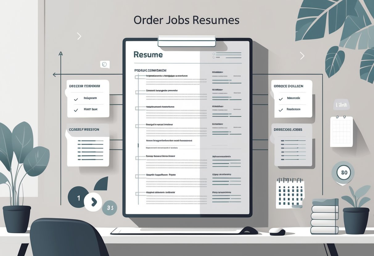 A workspace with an open resume showing multiple job entries arranged from most recent to earlier positions, accompanied by icons indicating career progression.