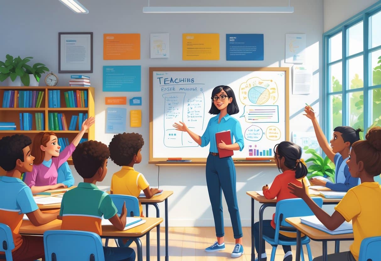 7 New Teacher Cover Letter Examples in 2025 - Latest Templates by RoboApply 4 A young teacher engaging a diverse group of students in a bright classroom with bookshelves and a whiteboard.