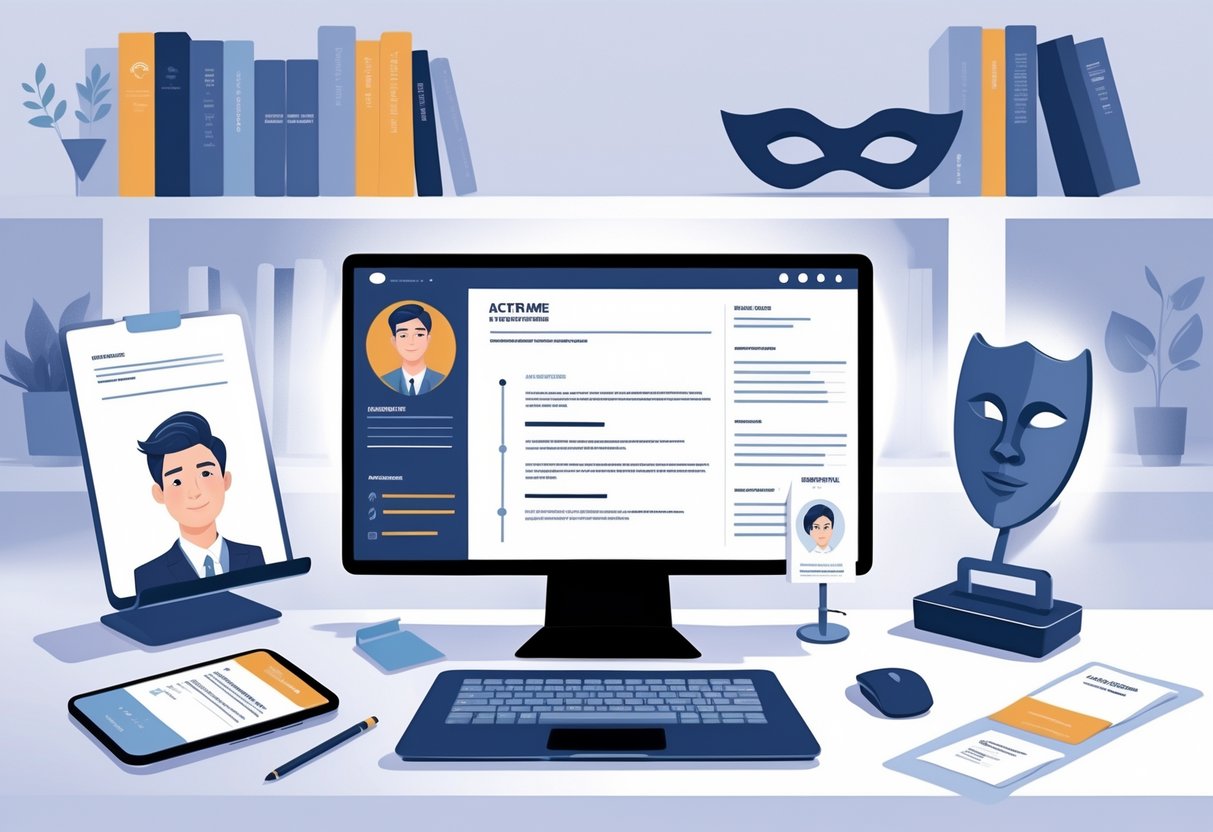 7 Actor Resume Examples & Guide for 2025: Expert Tips and Templates for Success 2 A tidy workspace with a laptop, notepad, smartphone, headshot photo, theatrical mask, and bookshelf, representing an actor preparing their resume and contact information.