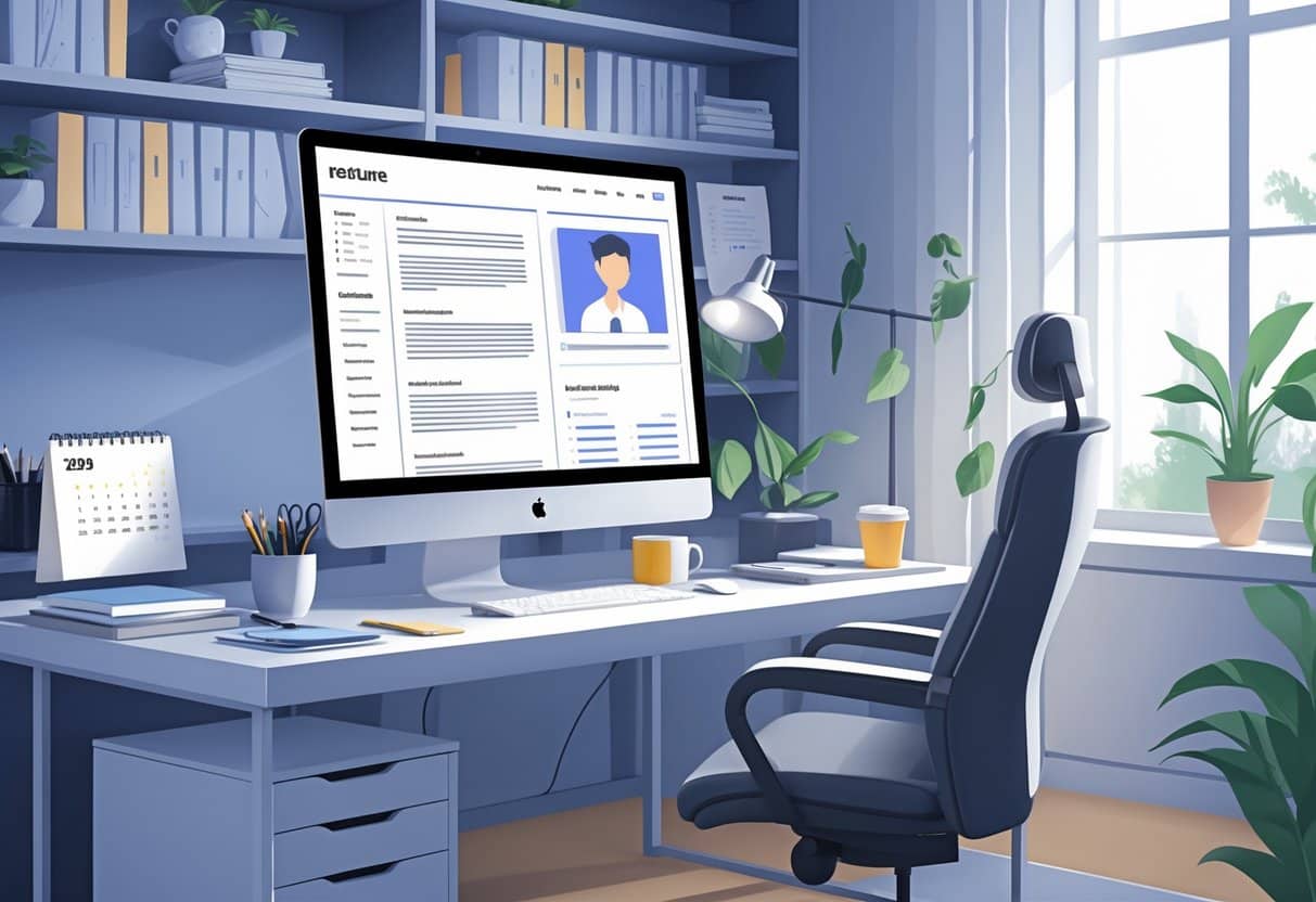 A home office with a desk, computer showing a resume layout, chair, bookshelf, plant, and natural light from a window.