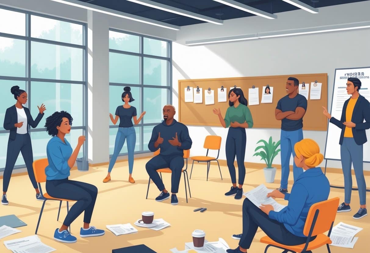 7 Actor Resume Examples & Guide for 2025: Expert Tips and Templates for Success 4 A group of actors practicing in a bright acting studio with a coach giving feedback and scripts scattered around.