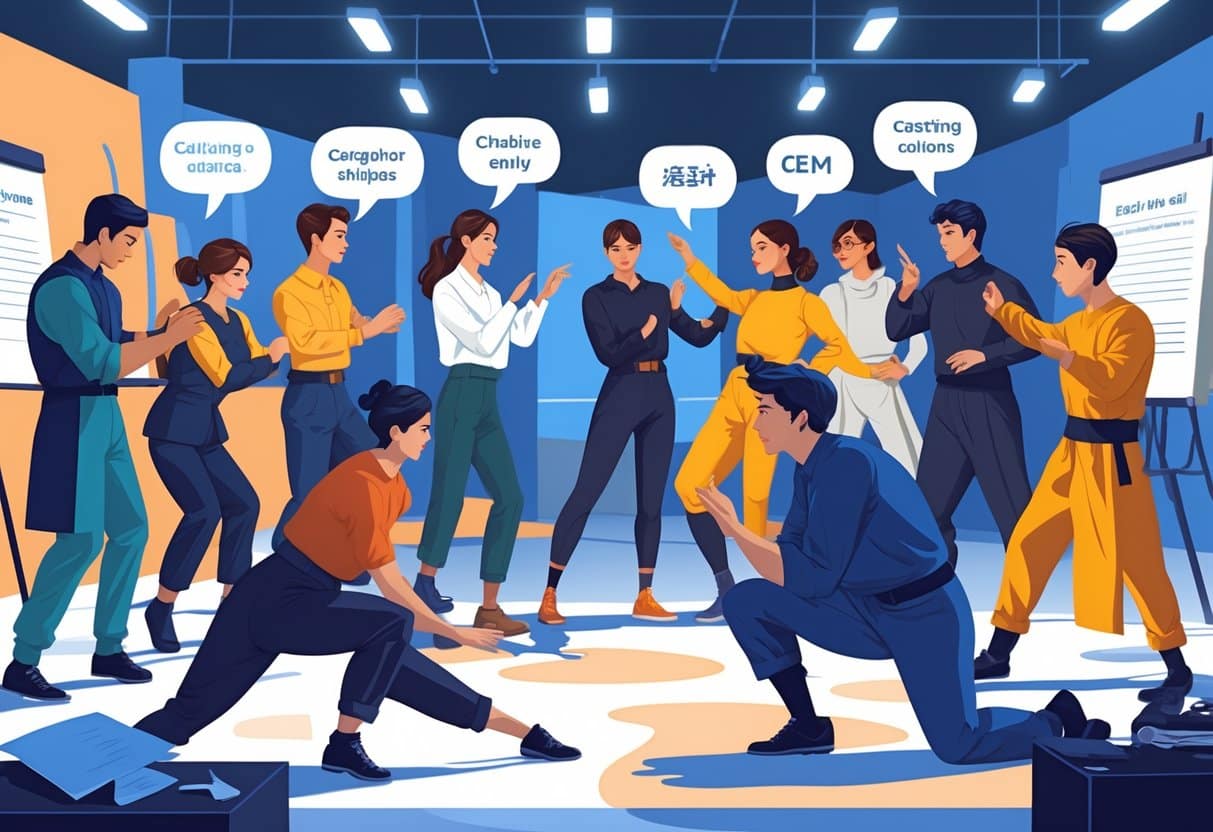 7 Actor Resume Examples & Guide for 2025: Expert Tips and Templates for Success 5 A group of actors practicing various skills and speaking different languages in a creative studio setting.