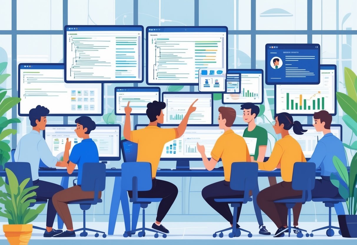 A group of young software engineers working together in a bright office with computers and digital screens showing coding and resumes.