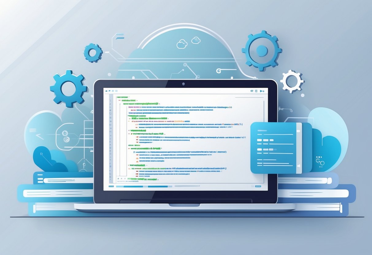 10 Net Developer Resume Examples & Guide for 2025: Craft Your Winning Job Application 2 A workspace with a laptop showing programming code and abstract icons representing software development and technical skills.