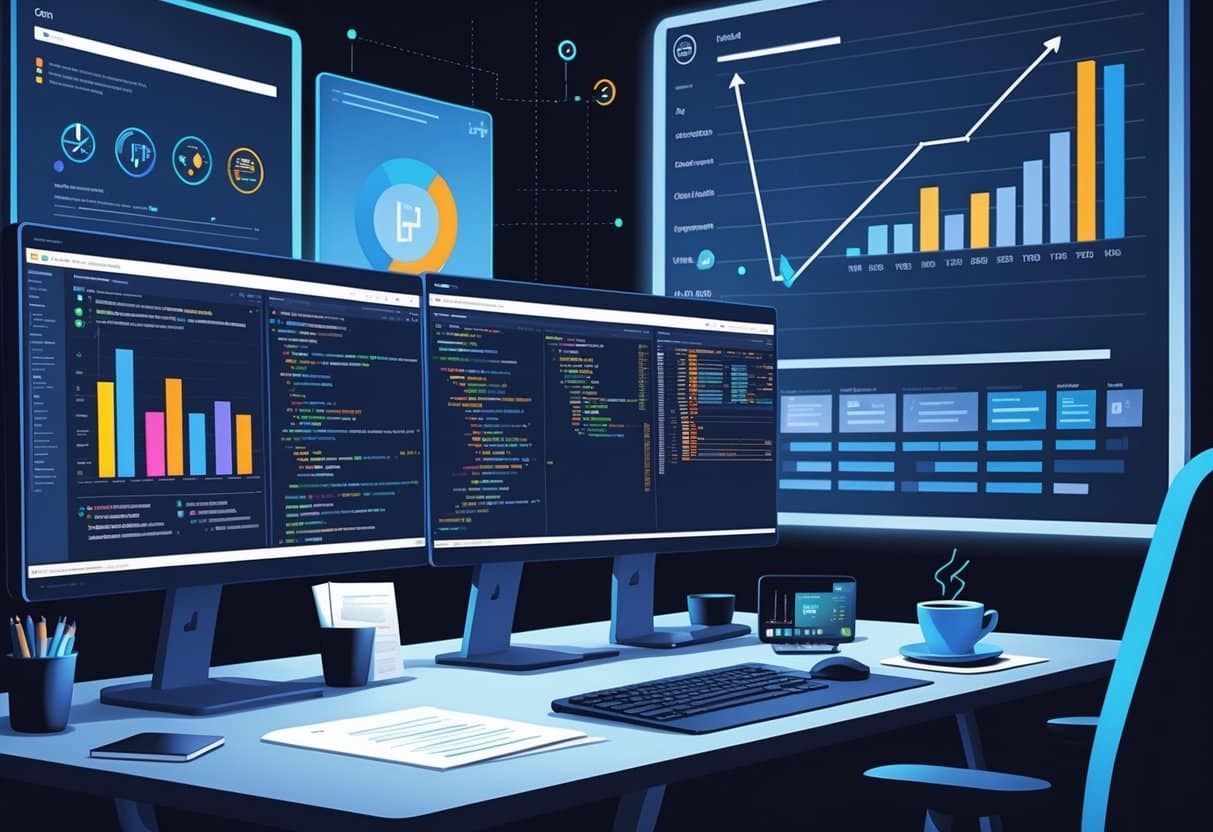 10 Net Developer Resume Examples & Guide for 2025: Craft Your Winning Job Application 3 A developer's workspace with multiple monitors showing code and project progress, surrounded by icons representing software tools and technologies.