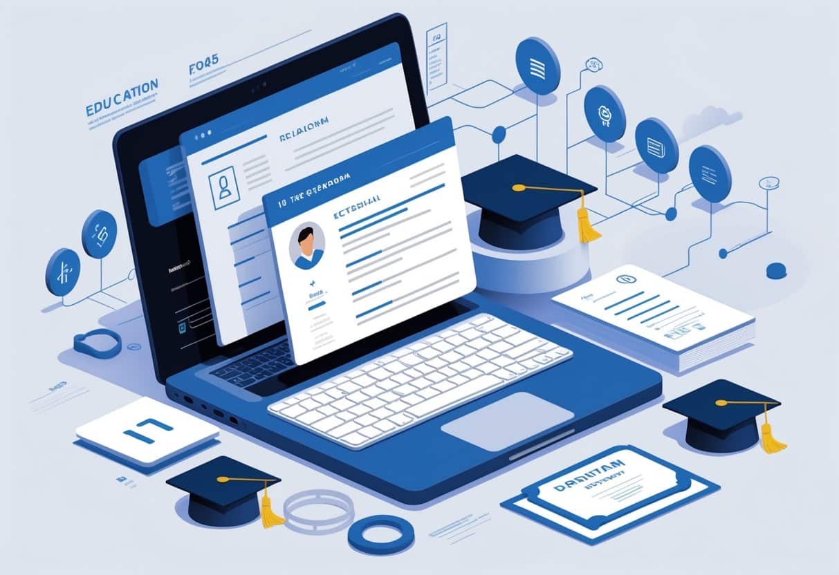 10 Net Developer Resume Examples & Guide for 2025: Craft Your Winning Job Application 4 A workspace with a laptop displaying a digital resume surrounded by icons representing education and software development.