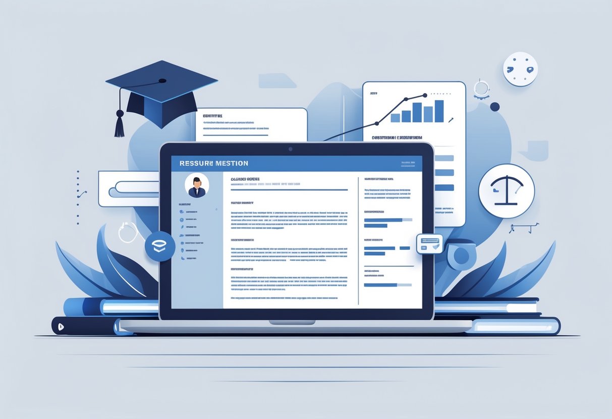 10 Entry-Level Software Engineer Resume Examples for 2025 to Land Your First Tech Job 3 A workspace with a laptop showing code and a resume layout, surrounded by icons of a graduation cap and university building, representing education for an entry-level software engineer.