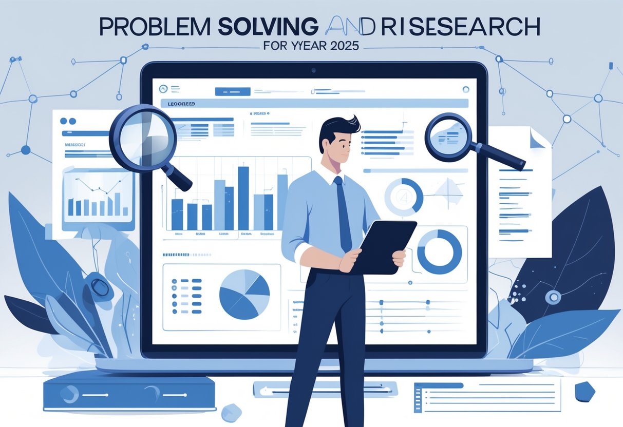 Research Skills on a Resume: The Complete Guide for 2025 2 A person analyzing data on a tablet at a modern workspace with a laptop, documents, and holographic charts representing problem solving and research skills.