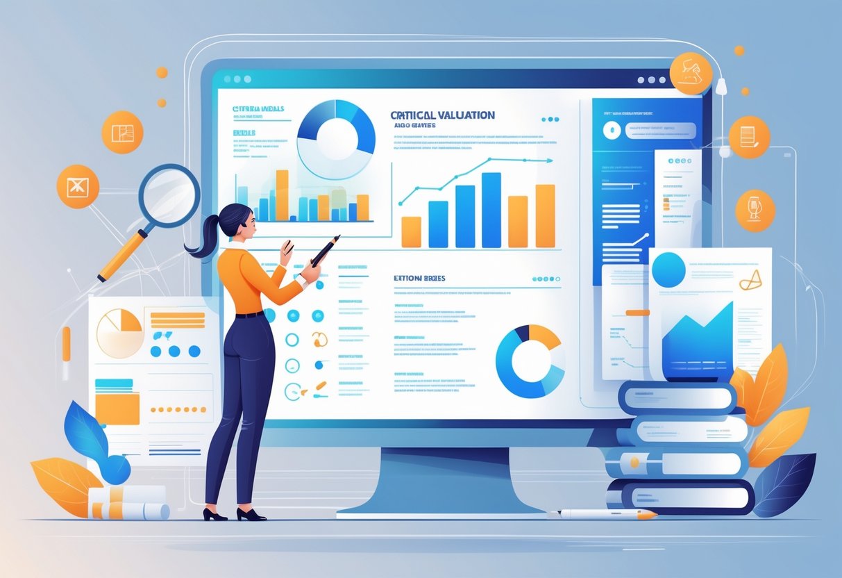 Research Skills on a Resume: The Complete Guide for 2025 3 A professional reviewing a digital resume surrounded by icons representing research and evaluation skills in a modern workspace.