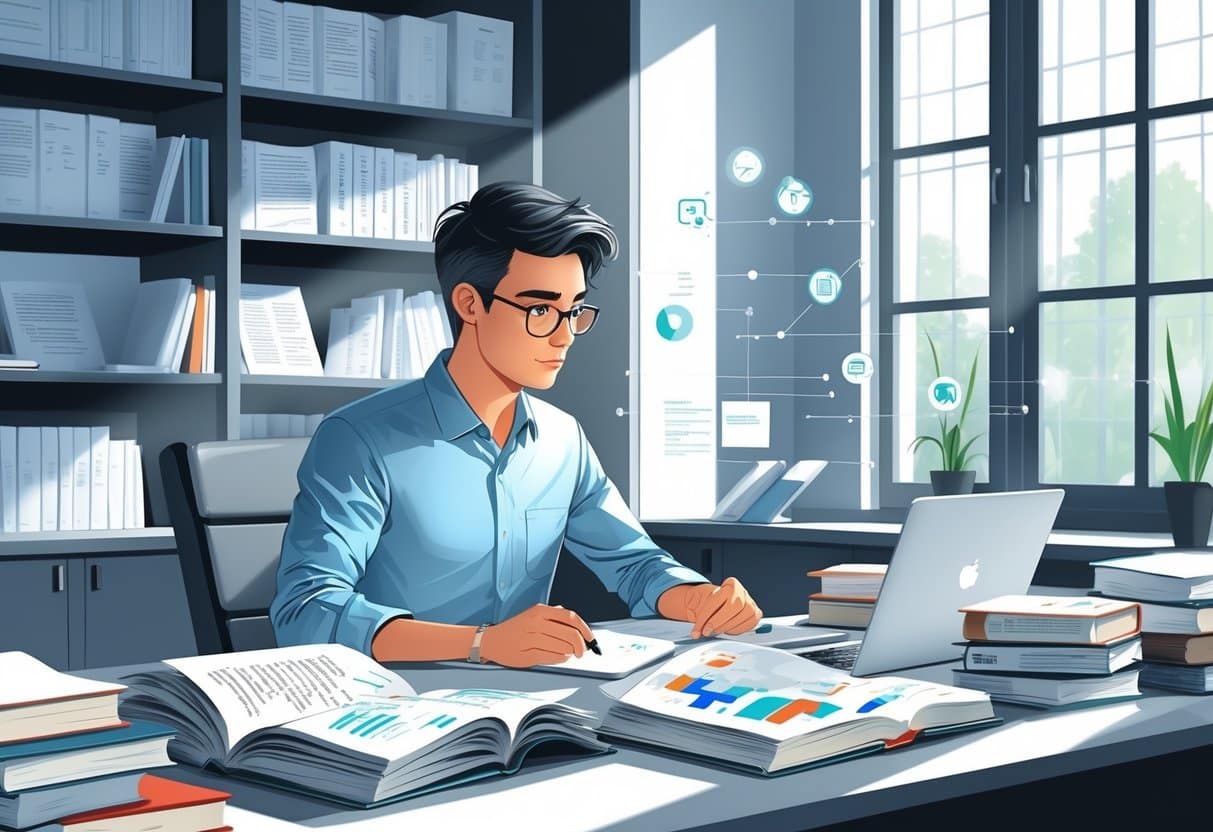 Research Skills on a Resume: The Complete Guide for 2025 4 A young professional reviewing research papers and books at a desk in an office filled with academic materials and a laptop.
