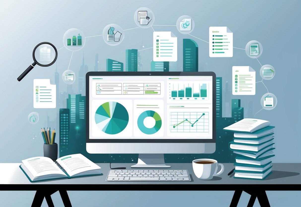 Research Skills on a Resume: The Complete Guide for 2025 5 A modern workspace with a laptop, notebooks, and floating icons representing research and report writing skills, set against a futuristic city background.