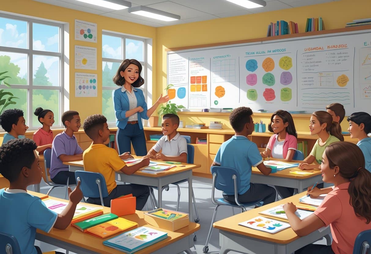 7 New Teacher Cover Letter Examples for 2025 - Expert Templates from RoboApply 2 A young teacher interacting with a group of students in a bright classroom filled with educational materials and student artwork.
