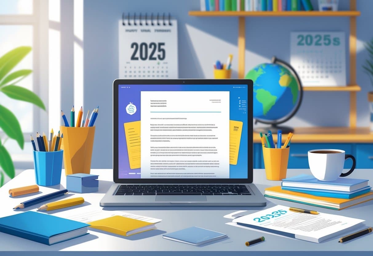 7 New Teacher Cover Letter Examples for 2025 - Expert Templates from RoboApply 5 A clean workspace with a laptop, stationery, and educational materials on a desk, suggesting preparation for a teaching job application.