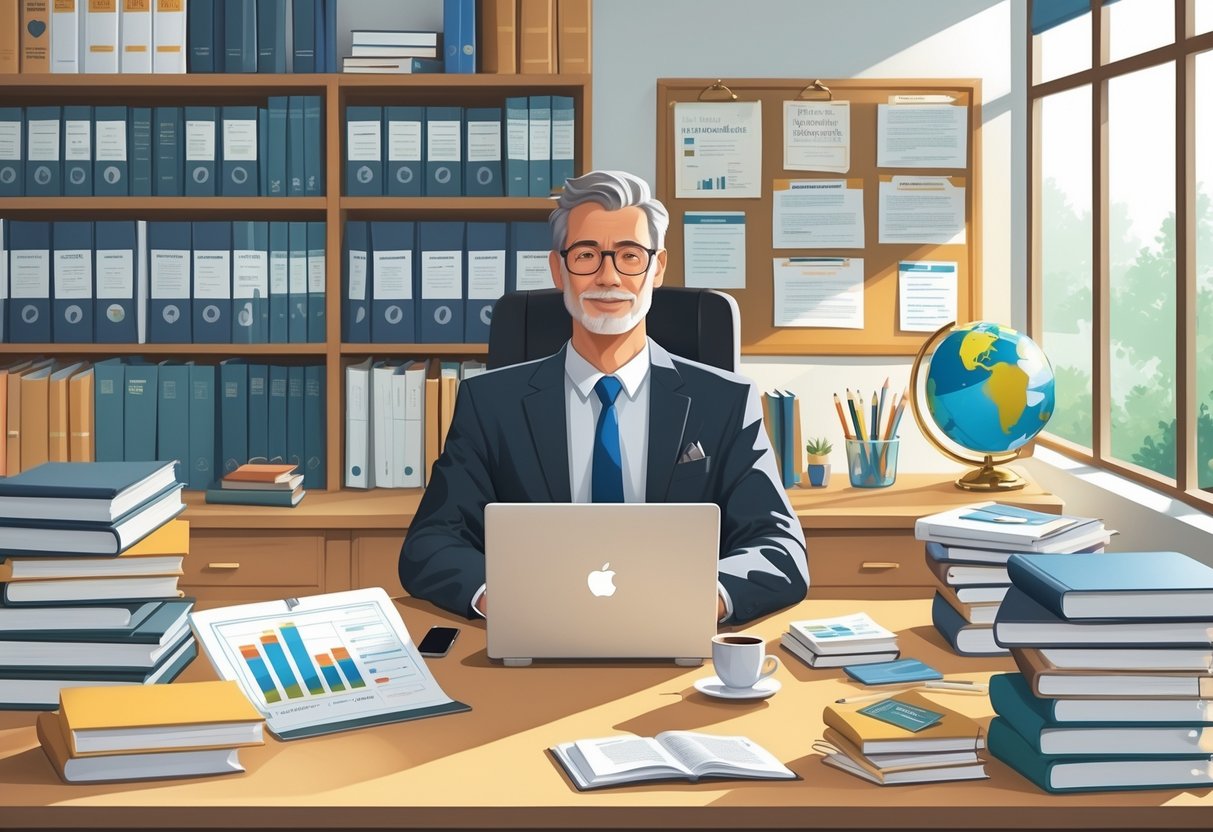 13 Professor Resume Examples That Got Jobs for 2025 and What Made Them Stand Out 3 A professor in an academic office surrounded by books, research papers, and project materials, working at a desk with a laptop.