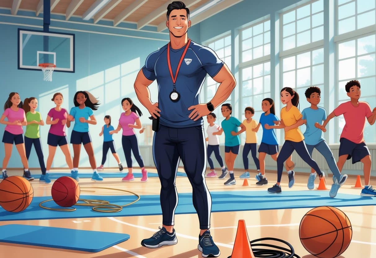 12 Physical Education Teacher Resume for 2025 - Top Samples and Tips by RoboApply 1 A physical education teacher standing in a gym with students exercising around them.