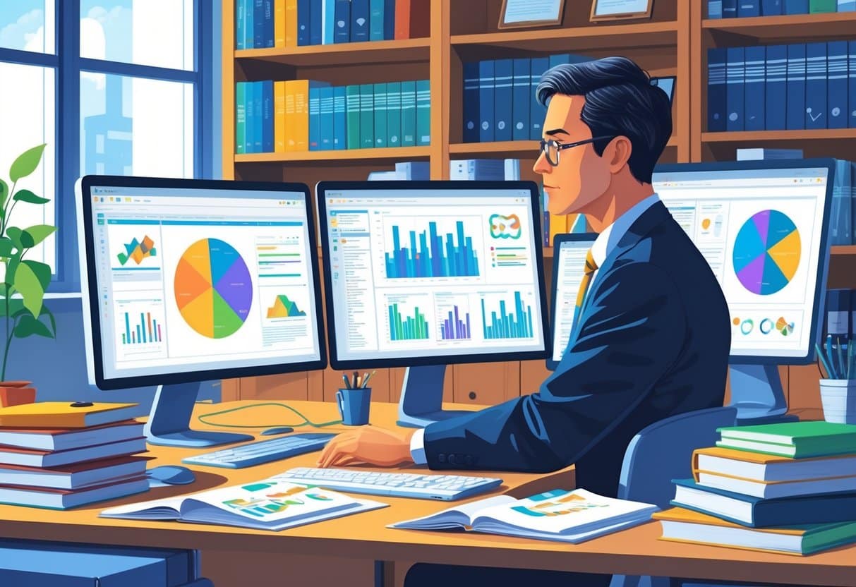 13 Professor Resume Examples That Got Jobs for 2025 and What Made Them Stand Out 5 A university professor working at a desk with computer screens showing data charts and graphs in an academic office filled with books and research materials.