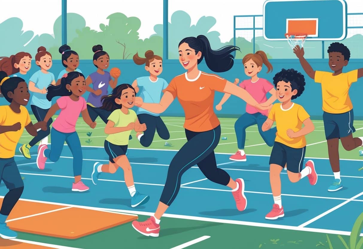 12 Physical Education Teacher Resume for 2025 - Top Samples and Tips by RoboApply 2 A physical education teacher leading a group of diverse children and teenagers in sports activities outdoors.
