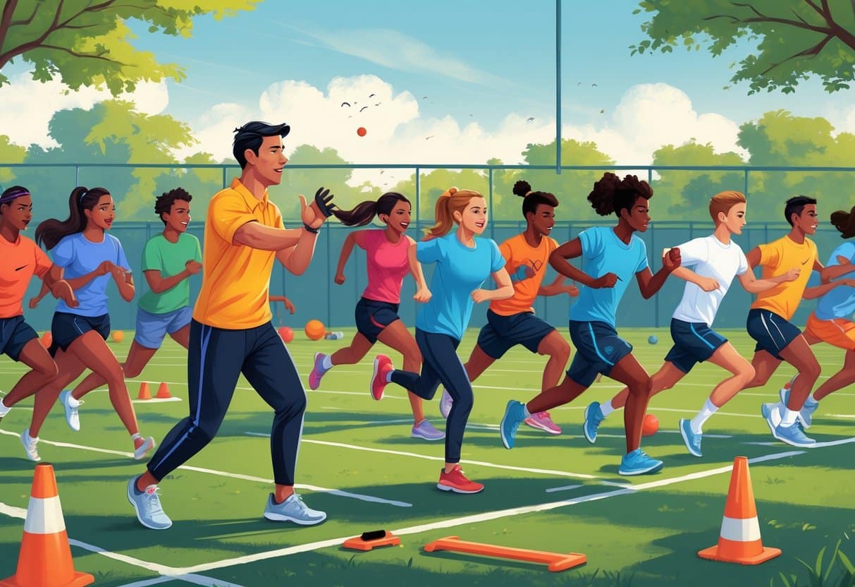 12 Physical Education Teacher Resume for 2025 - Top Samples and Tips by RoboApply 3 A physical education teacher leading a group of students doing exercises and sports activities on a school field.