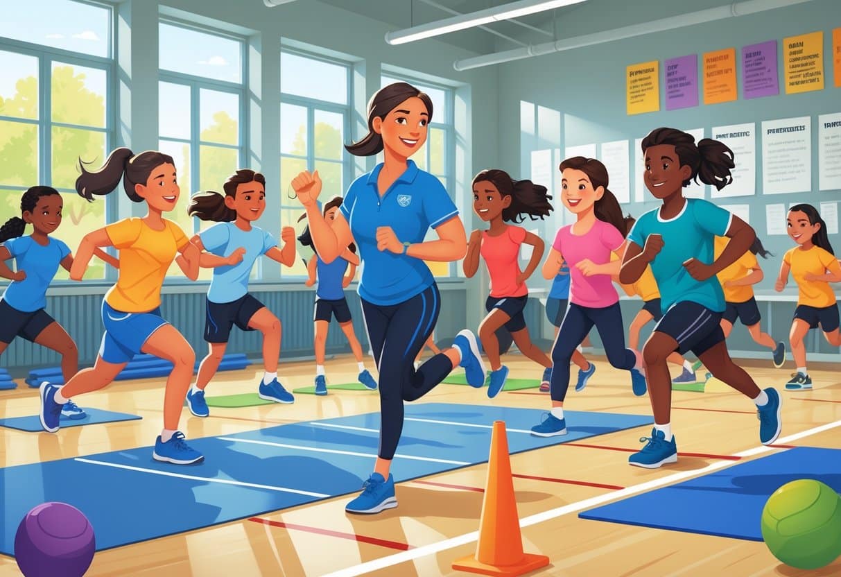 12 Physical Education Teacher Resume for 2025 - Top Samples and Tips by RoboApply 4 A physical education teacher guiding diverse students through various exercises in a bright school gymnasium.