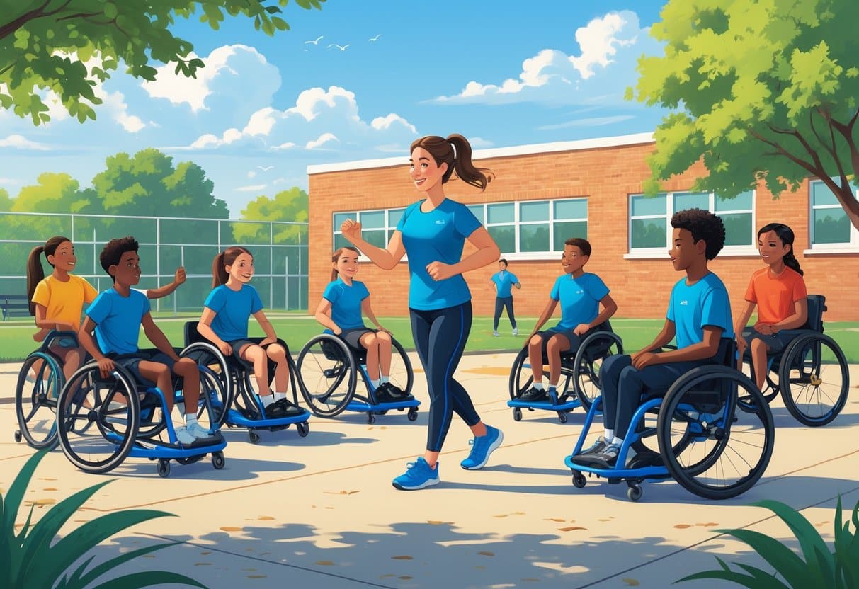 12 Physical Education Teacher Resume for 2025 - Top Samples and Tips by RoboApply 5 A physical education teacher guiding diverse middle school students, including those using adaptive equipment, during outdoor activities on a school playground.