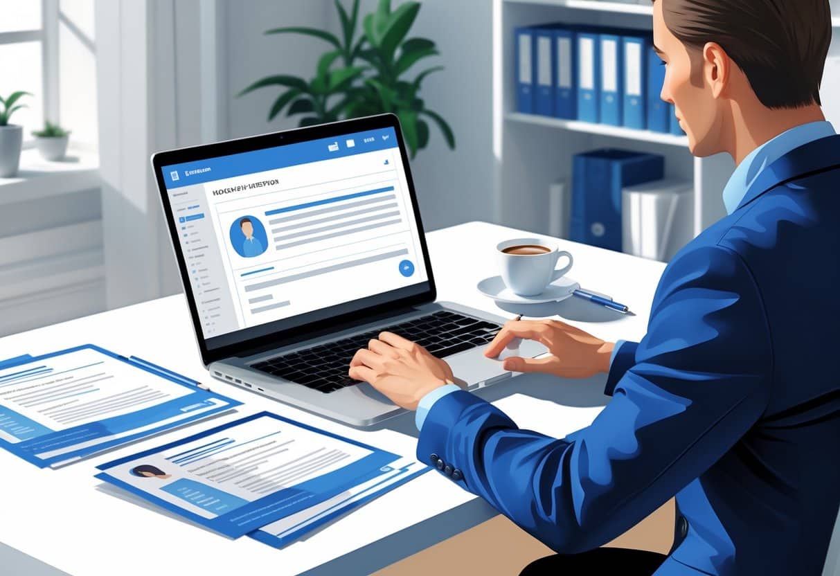 How Do You Choose a Professional Email Address For a Resume: Key Tips for Job Seekers 1 A person in business attire typing on a laptop at a tidy desk with resume papers and office items nearby.