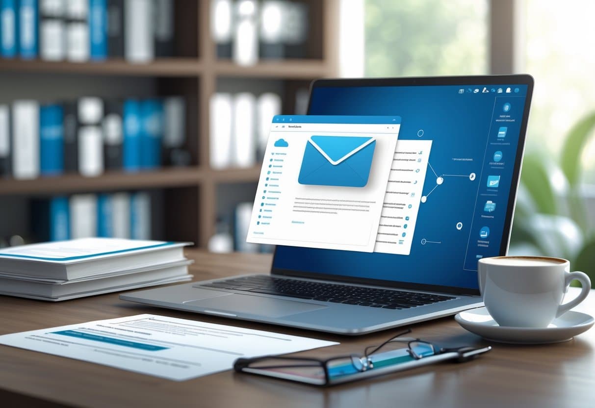 How Do You Choose a Professional Email Address For a Resume: Key Tips for Job Seekers 4 A close-up of a desk with a laptop, resume, coffee cup, and glasses in a professional office environment.