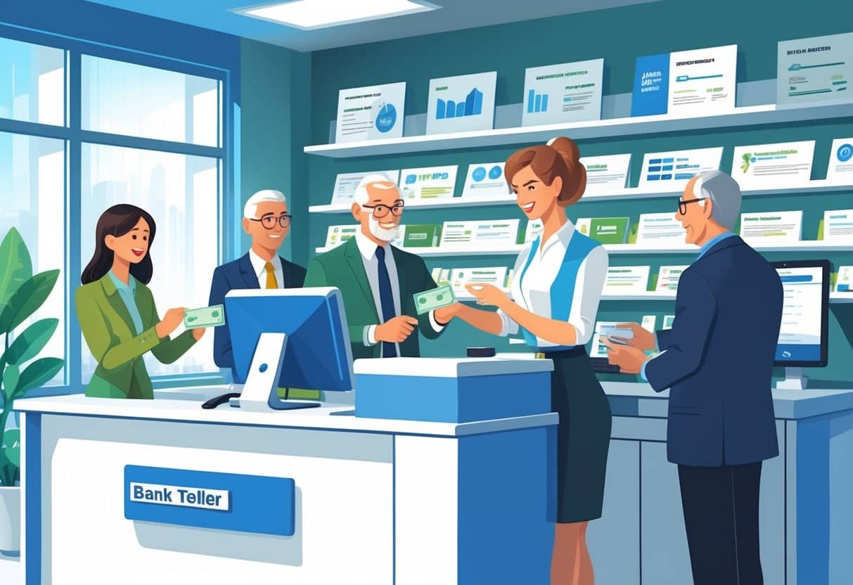 A bank teller assisting customers at a modern bank counter with computers and cash drawers inside a bright bank branch.