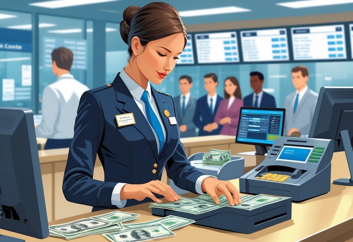 A bank teller carefully processing transactions at a bank counter with customers waiting in the background.