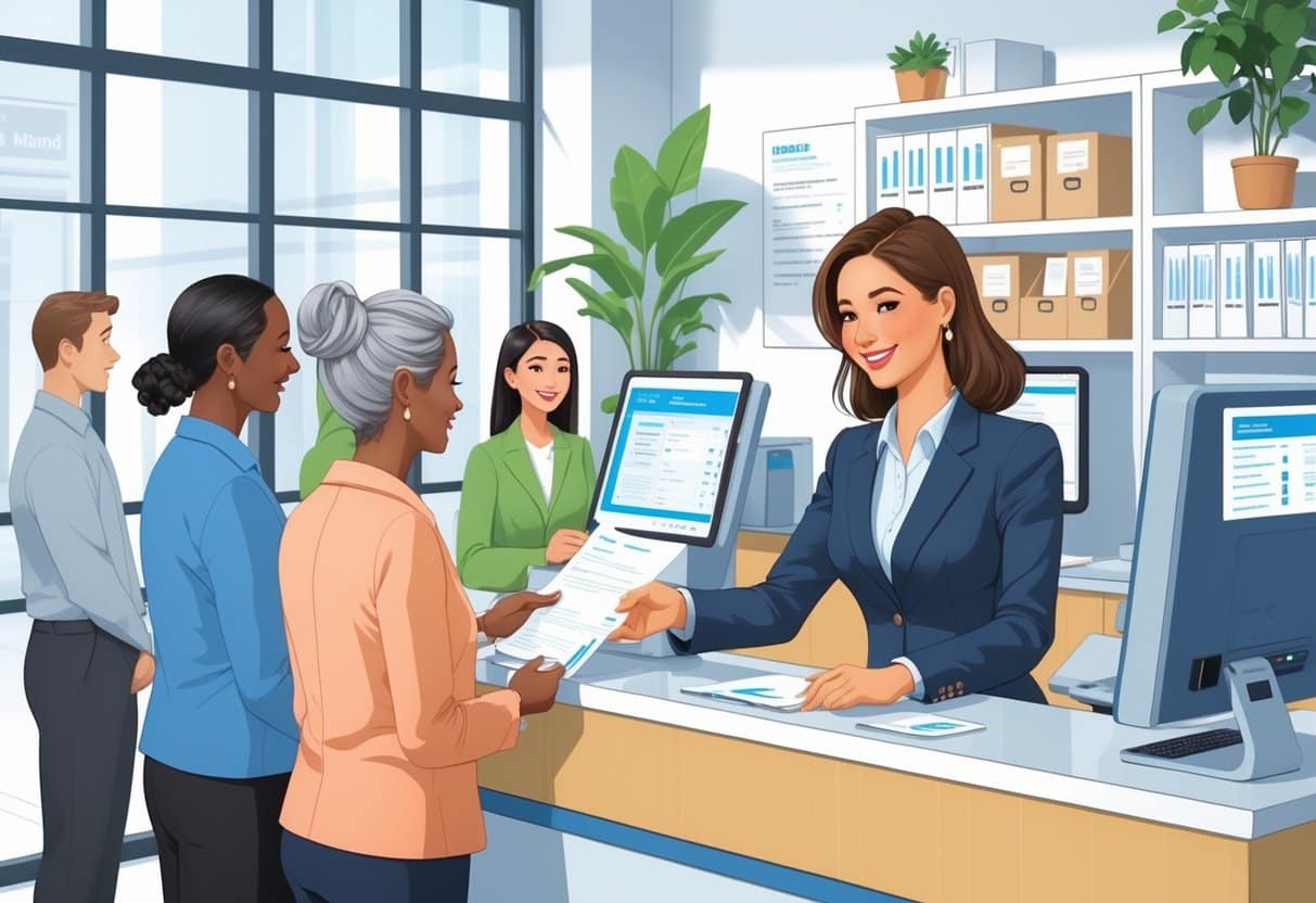A bank teller assisting a customer at a bank counter with other customers waiting in line.