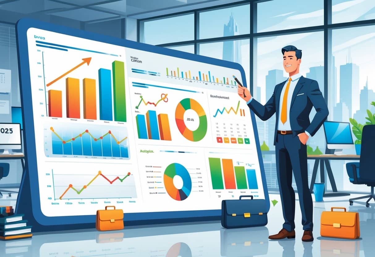 10 Business Manager Resume Examples & Guide for 2025: Templates, Tips, and Best Practices 2 A business manager in an office pointing at a digital dashboard with charts and graphs showing measurable results and progress.