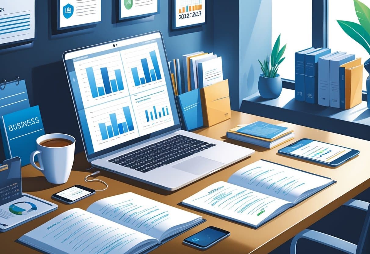 10 Business Manager Resume Examples & Guide for 2025: Templates, Tips, and Best Practices 3 A modern office desk with a laptop, notebooks, coffee cup, and framed certification badges on the wall, symbolizing business management and career preparation.