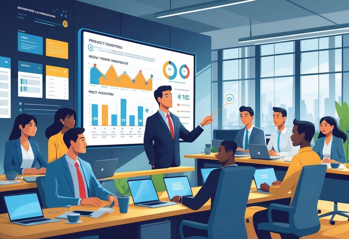 10 Business Manager Resume Examples & Guide for 2025: Templates, Tips, and Best Practices 4 A business manager leading a diverse team in a conference room with a digital screen showing project timelines and charts.