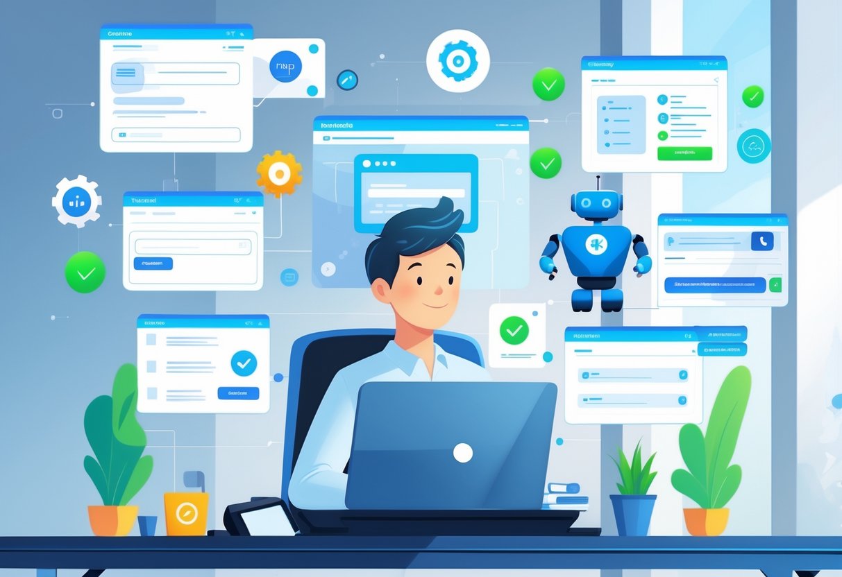 5 Ways RoboApply Automates Your Job Search and Saves You Time: Boost Efficiency and Streamline Applications 2 A person sitting at a desk using a laptop with floating windows of job portals and automated elements around, symbolizing automated form filling and time-saving.