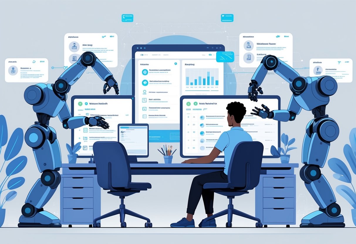 5 Ways RoboApply Automates Your Job Search and Saves You Time: Boost Efficiency and Streamline Applications 3 A person at a desk using robotic assistants to automate various job search tasks in a modern office setting.