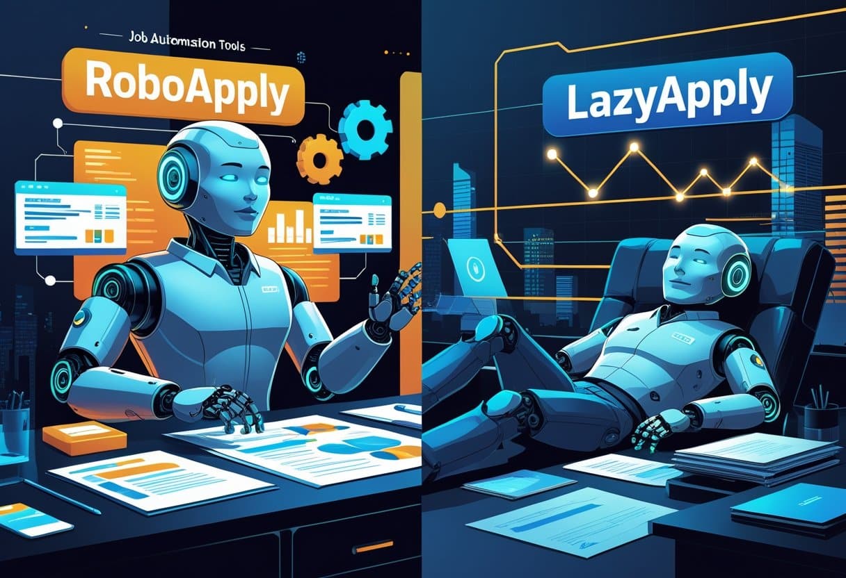 RoboApply vs. LazyApply: Which Job Automation Tool Wins in 2025? Expert Comparison and Analysis 1 A futuristic office scene showing two robots representing job automation tools; one is efficient and busy sorting digital resumes, the other is relaxed and slow with scattered papers around.