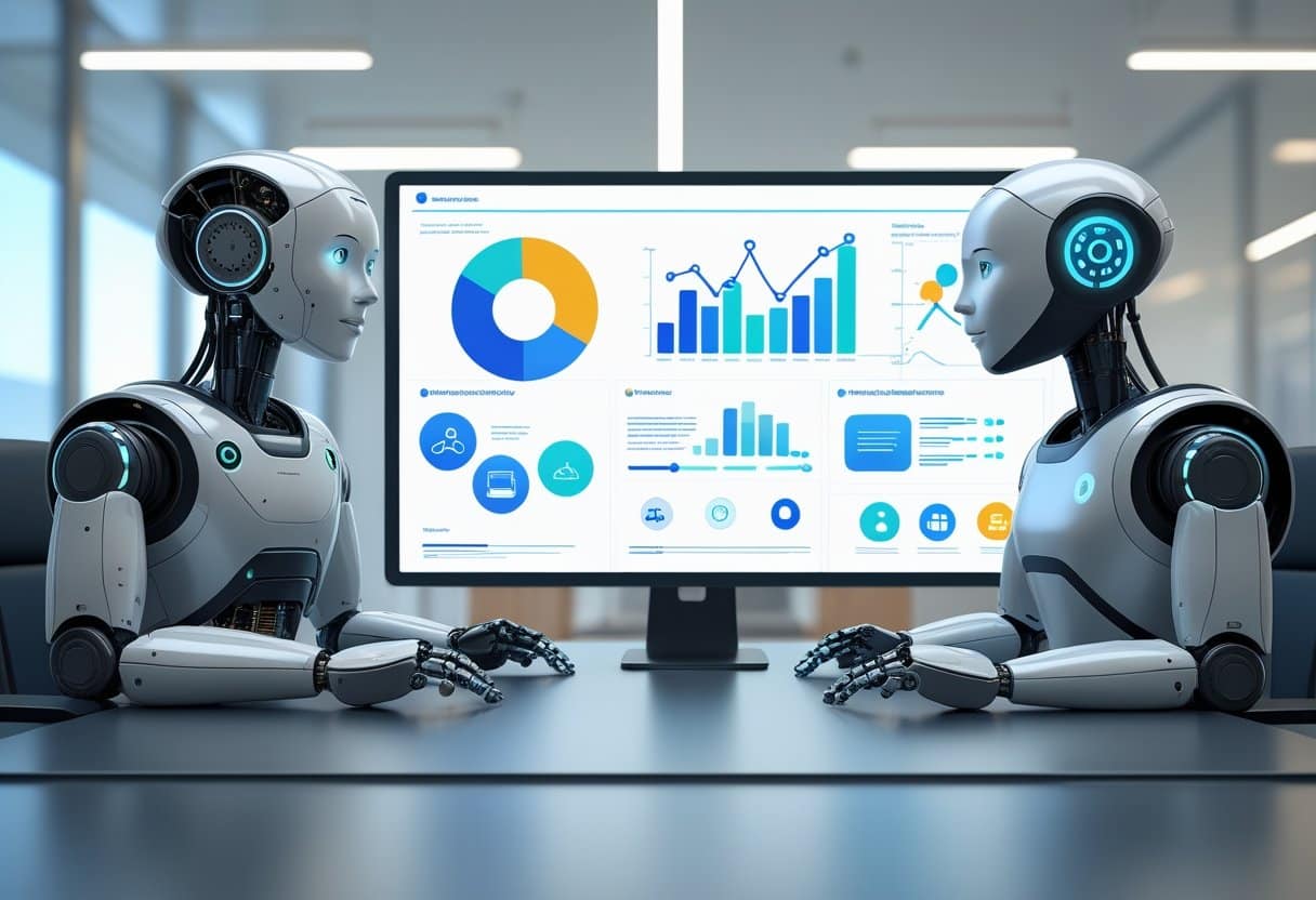Two humanoid robots sitting at a desk in a modern office, each representing a different AI job application tool, with a digital screen between them showing charts and interview-related icons.