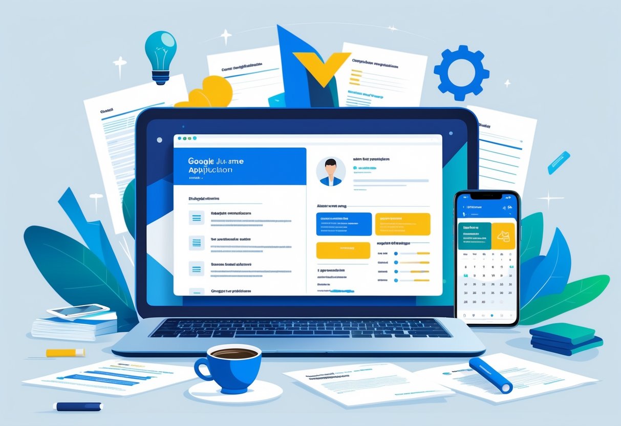 A workspace with a laptop showing a resume template, surrounded by documents, a coffee cup, and a smartphone with a calendar, symbolizing preparation for a job application.