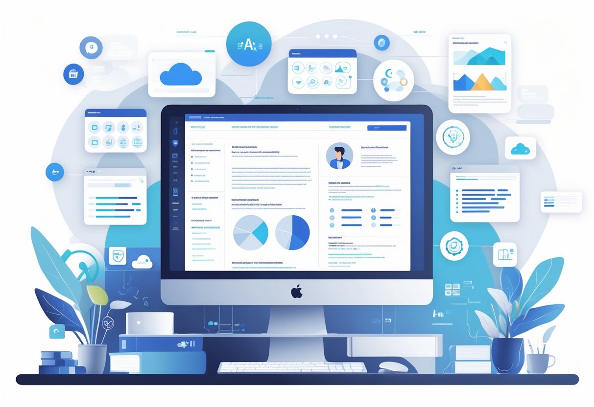 A modern workspace with a computer showing a digital resume surrounded by icons representing technical skills like coding, data charts, cloud computing, and AI.