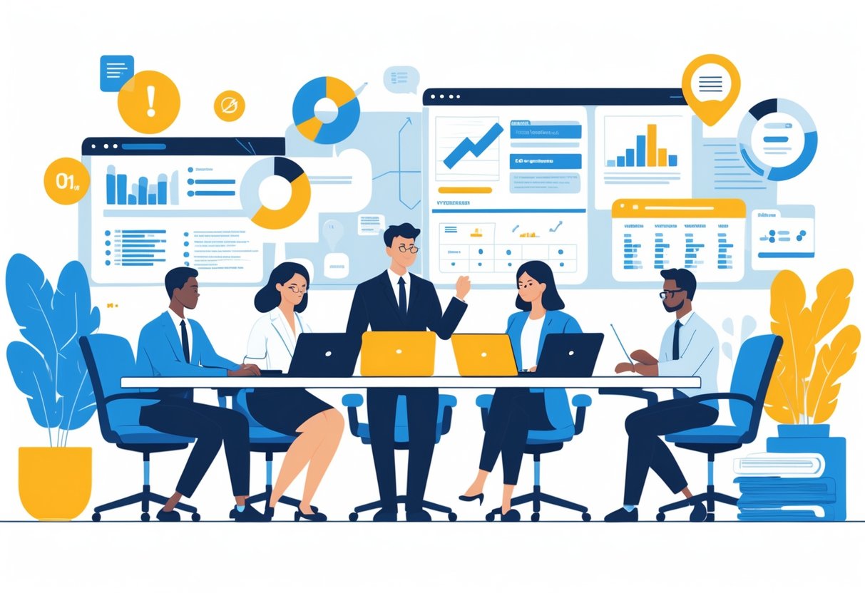A group of professionals working together around a desk with laptops and tablets, focusing on resume preparation and career development in a modern office setting.
