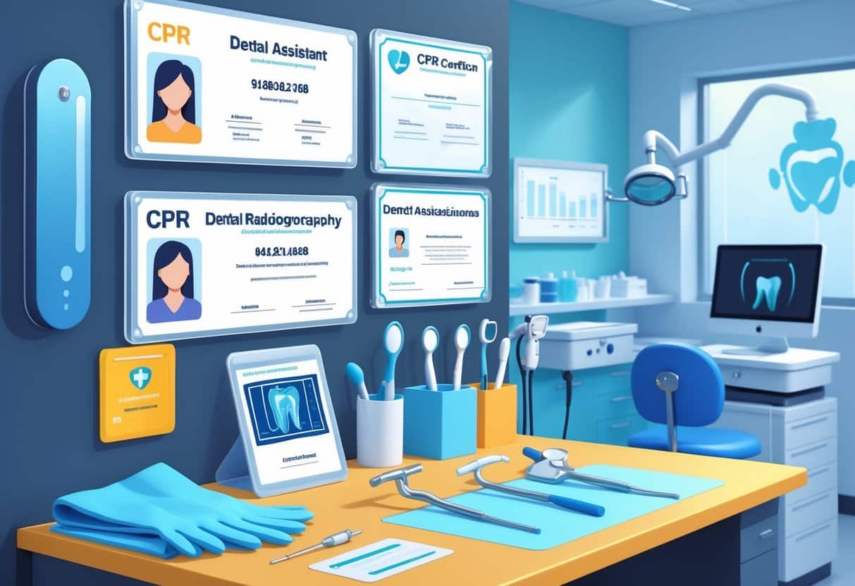 5 Dental Assistant Resume Examples & Guide for 2025: Templates, Skills, and Writing Tips 3 A dental assistant's workspace displaying CPR and dental radiography certifications along with dental tools and medical equipment in a clean clinic setting.