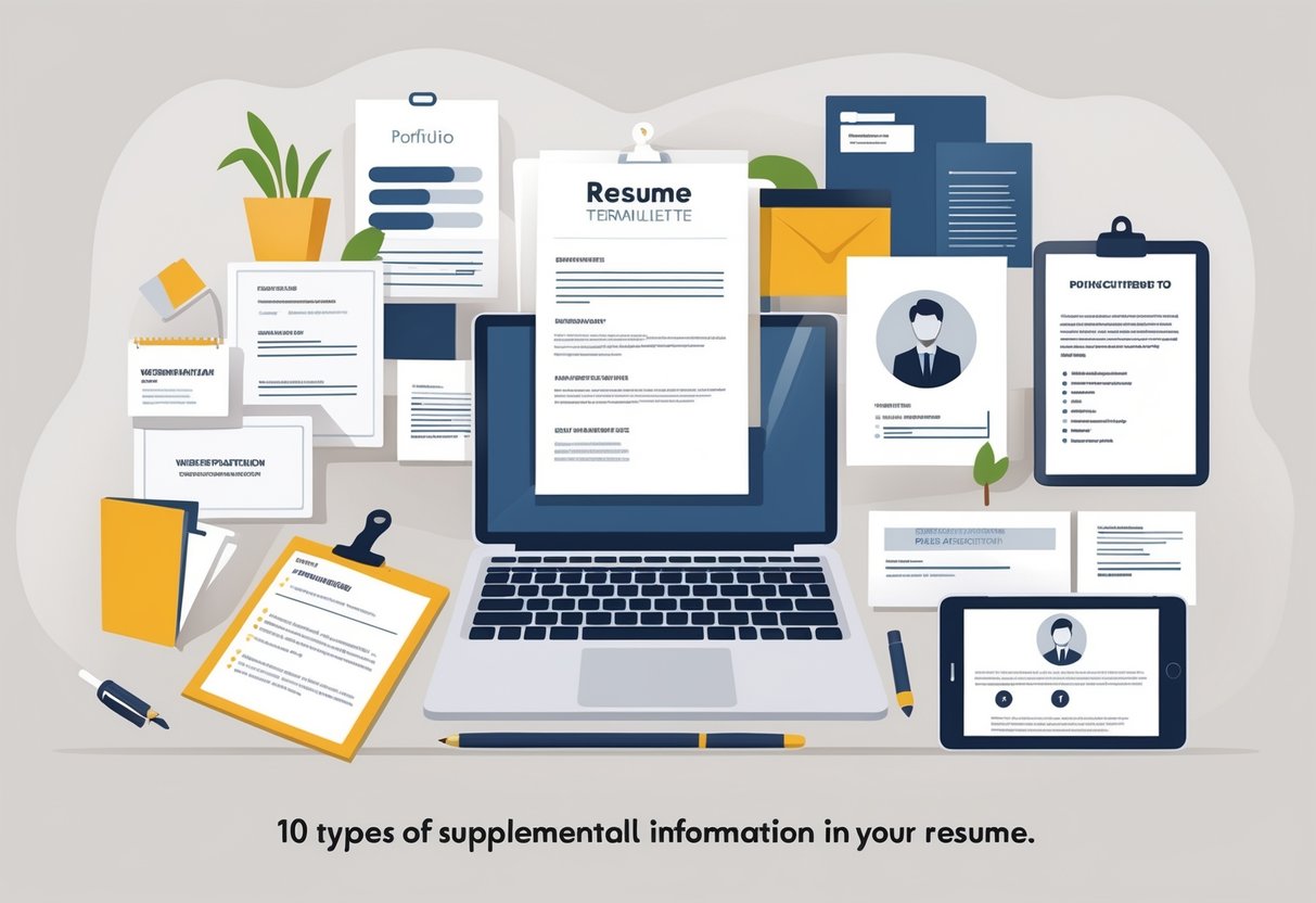 10 Types of Supplemental Information to Include With Your Resume for a Stronger Application 1 A workspace with a laptop showing a resume template surrounded by various supplemental documents and items like certificates, reference letters, a professional photo, and a digital tablet, all neatly arranged.