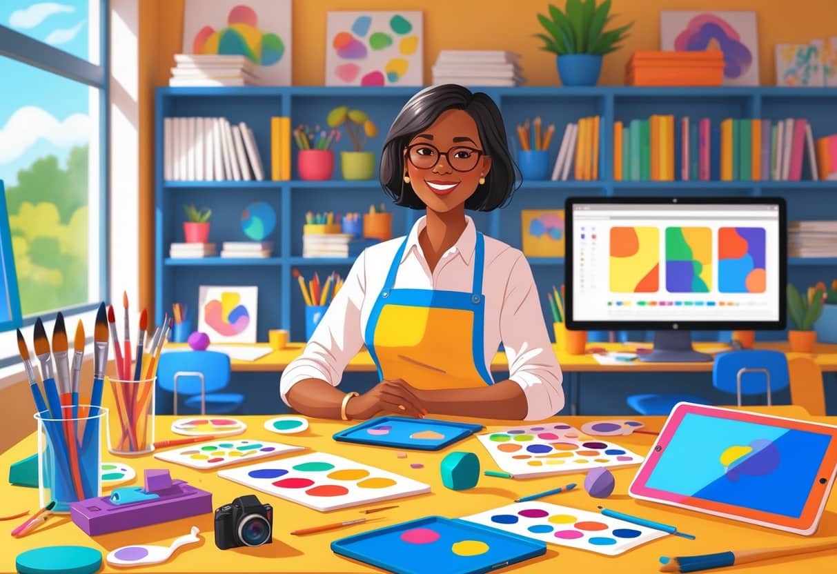 9 Art Teacher Resume Examples & Guide for 2025: Craft a Standout Application 4 An art teacher standing in a classroom filled with art supplies, digital tablets, and artwork, demonstrating a creative teaching environment.