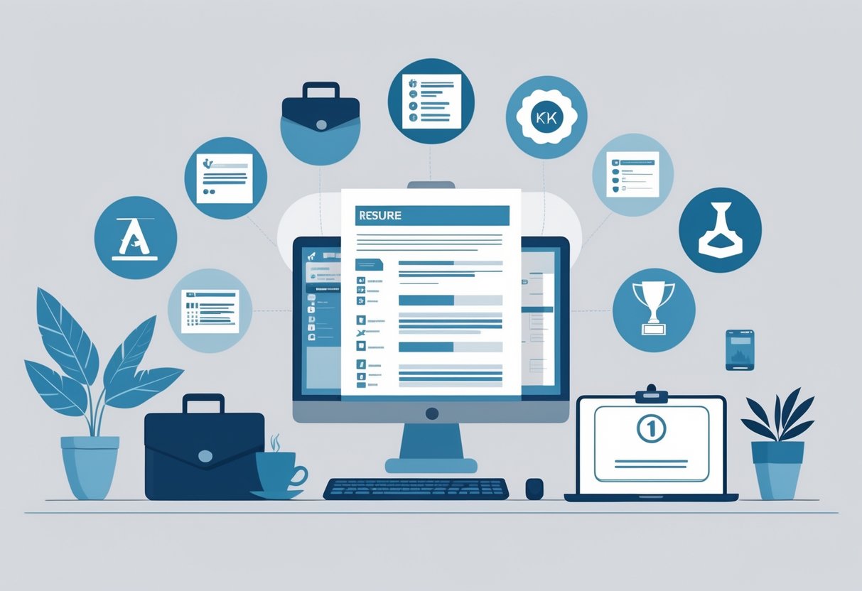 10 Types of Supplemental Information to Include With Your Resume for a Stronger Application 4 A tidy workspace with a resume surrounded by icons representing ten types of supplemental information to include with a resume, such as certificates, professional affiliations, skills, awards, and references.