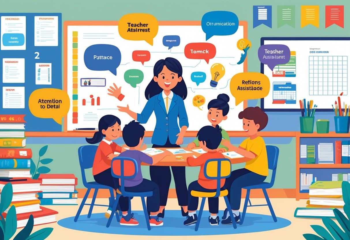 15 Teacher Assistant Resume Examples - June 2025: Top Templates and Writing Tips 3 A teacher assistant helping young students in a bright classroom with books, educational materials, and visual symbols representing skills like communication, organization, and teamwork.