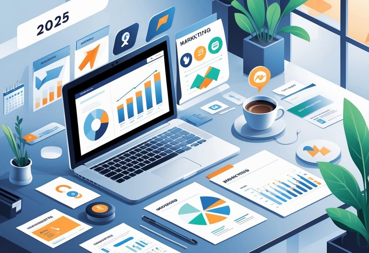 Marketing Resume Power Formula Lands Top Jobs Instantly 1 A modern office workspace with a laptop showing charts and marketing icons, surrounded by documents and a coffee cup, with a calendar showing the year 2025.