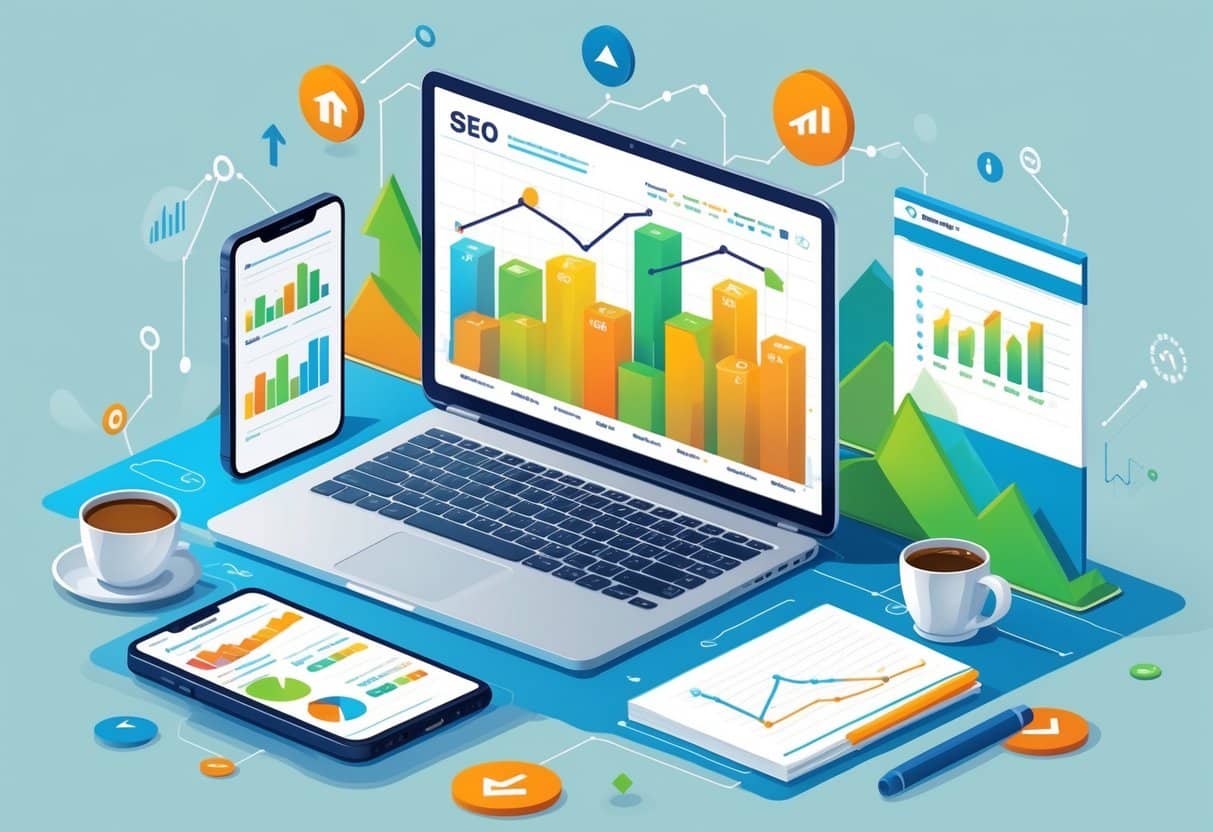 Marketing Resume Power Formula Lands Top Jobs Instantly 4 A workspace with a laptop showing colorful SEO graphs and charts, a smartphone with analytics, a notepad, and a coffee cup, representing SEO analysis and marketing metrics.